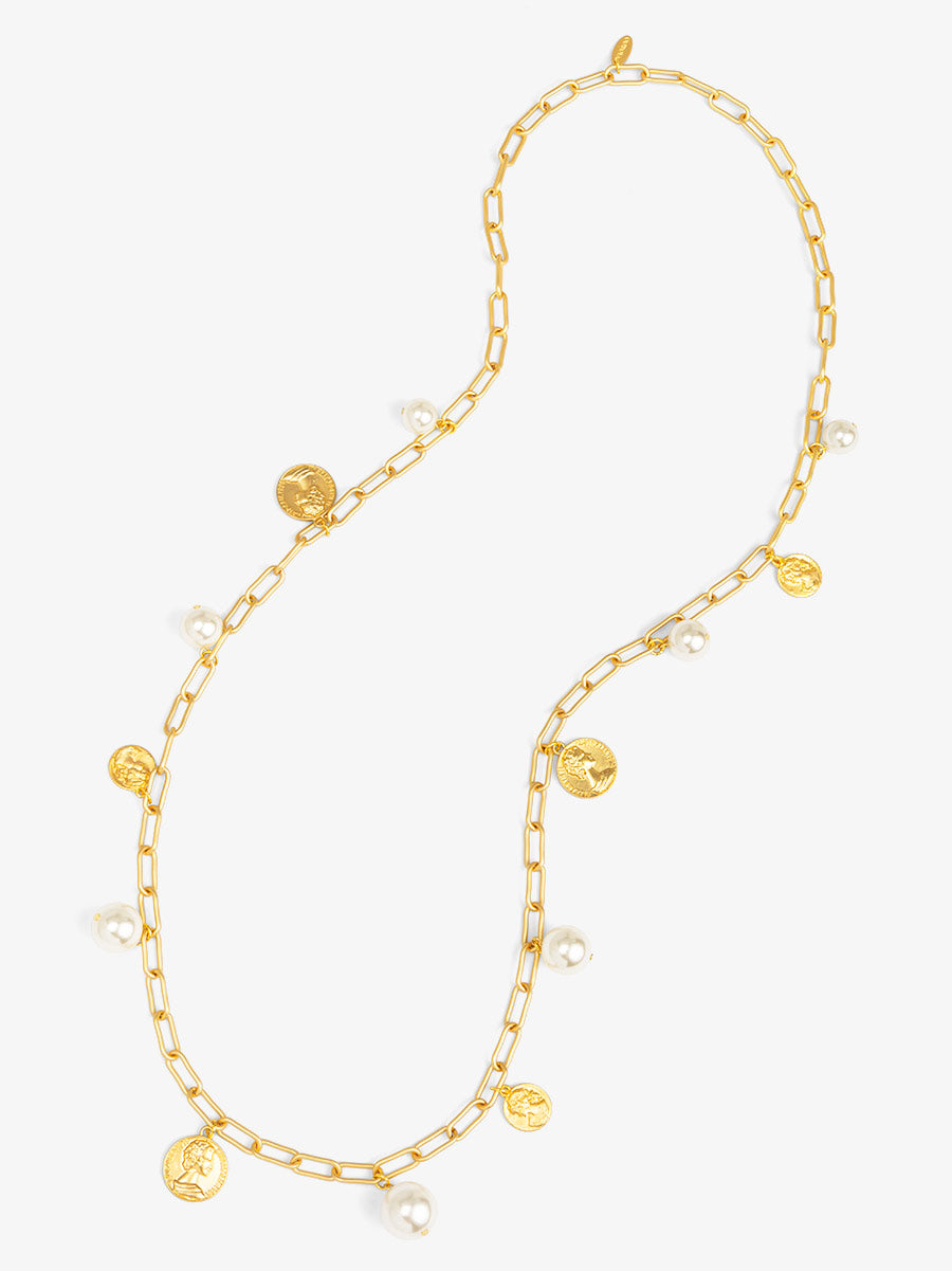 Pearls and Coins Charm Long Necklace