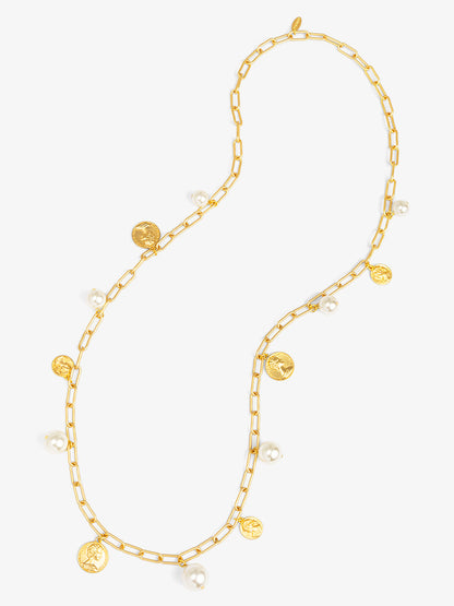 Pearls and Coins Charm Long Necklace