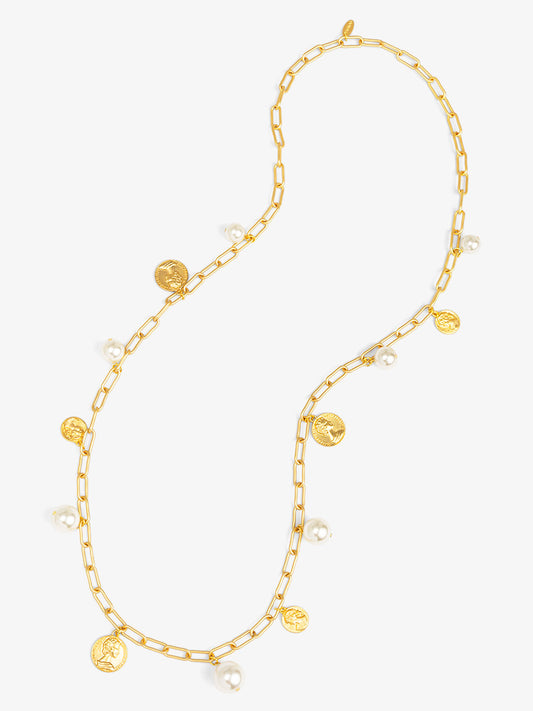 Pearls and Coins Charm Long Necklace