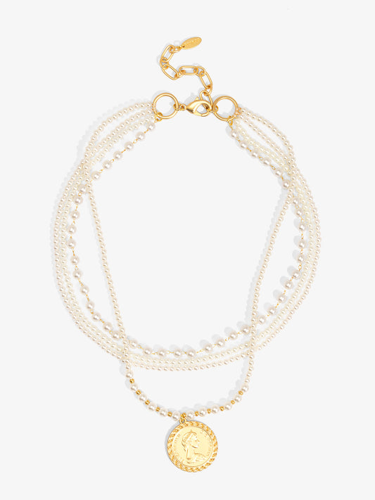 Layered Pearl Coin Pendant Short Necklace