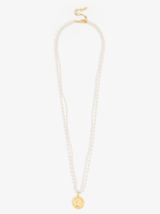 Layered Pearl Coin Pendant Long Necklace