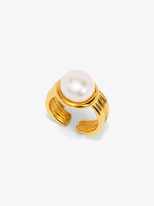 Adjustble Pearl Ribbed Band Ring