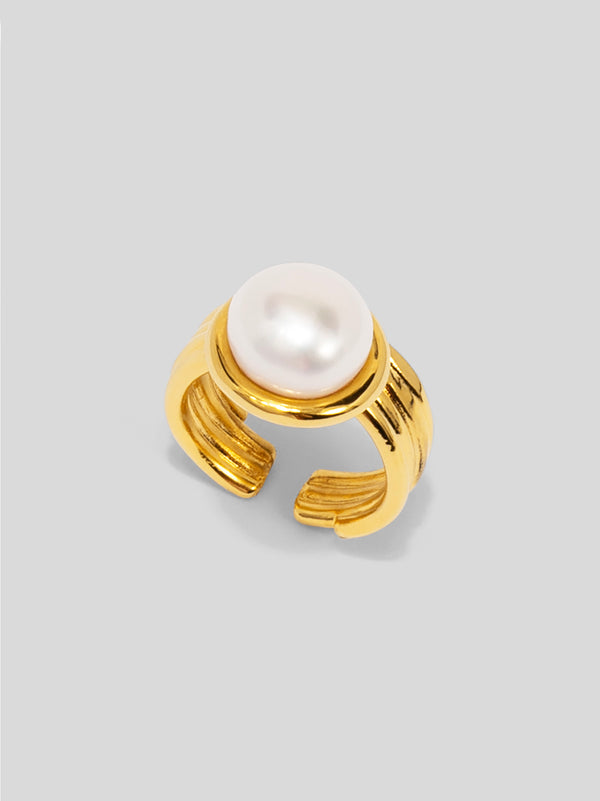 Adjustble Pearl Ribbed Band Ring