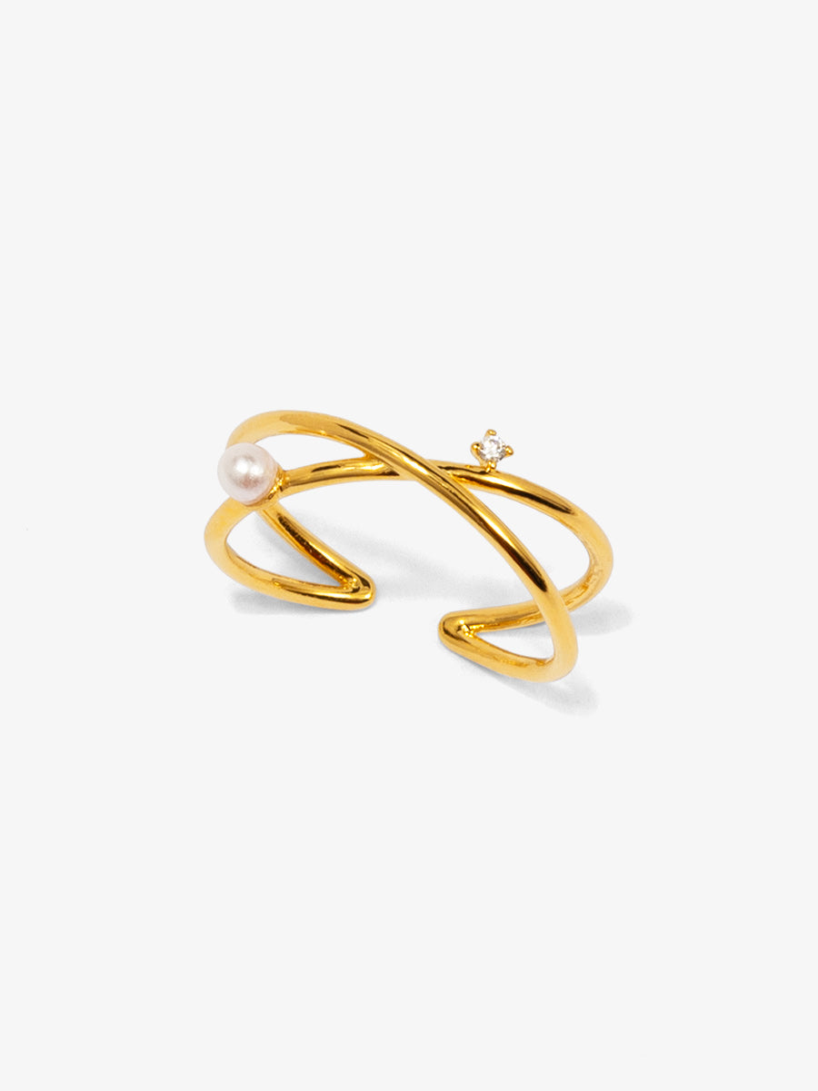 Adjustable Assymetric Pearl and Crystal Crossover Ring