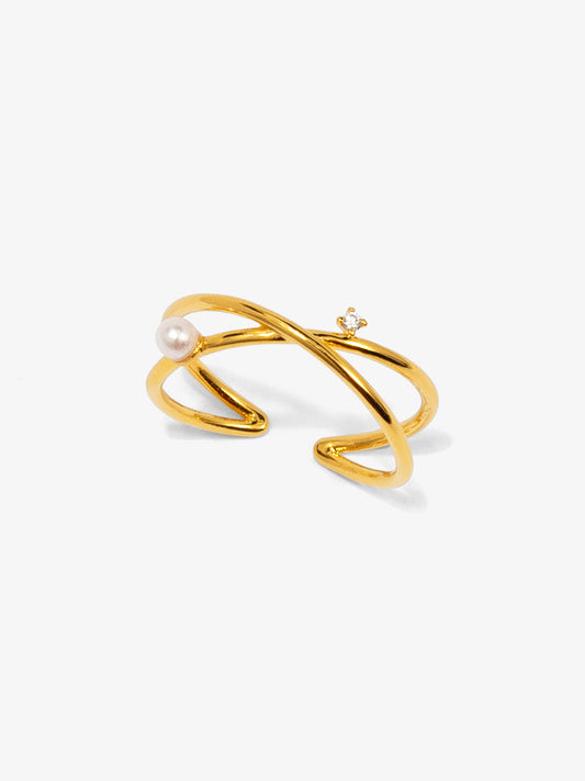 Adjustable Assymetric Pearl and Crystal Crossover Ring