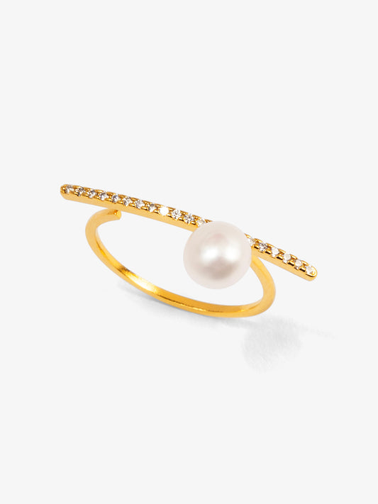 Slim Pave Pearl Bar Ring